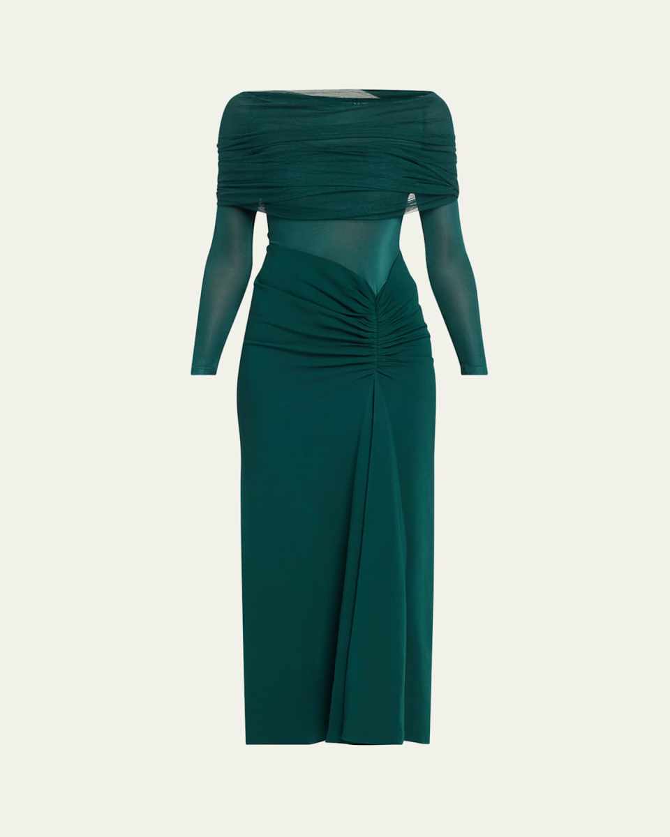 Sonora Veiled Ruched Off-Shoulder Dress